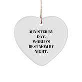 Minister Gifts from Men, Christmas Heart Ornament with Funny Quote, World's Best Mom By Night, Heart Shaped White Color Decor - Image 1